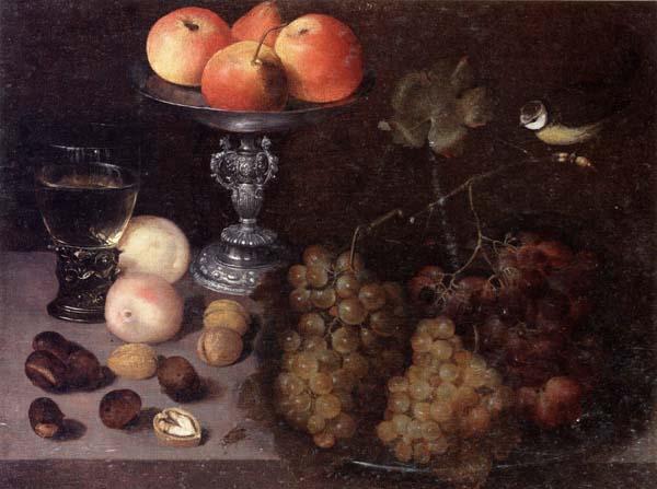 Georg Flegel Still life of grapes on a pewter dish,together with peaches,nuts,a glass roemer and a silver tazza containing apples and pears,and a blue-tit France oil painting art